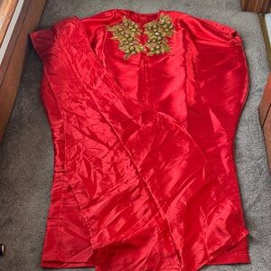 African Mikado Silk Red W/ Gold Embellishments Two Piece Bubu Dress Set SIZE OS